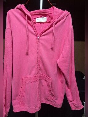 Vintage Hot Pink Distressed Zip Up Hoodie - Raw Edge Heavyweight Blank - Size L